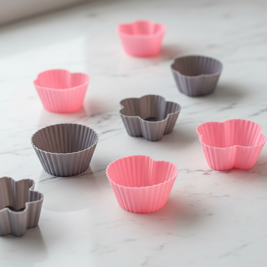 Premium silicone cupcake moulds in pink and gray colors with heart and flower shapes