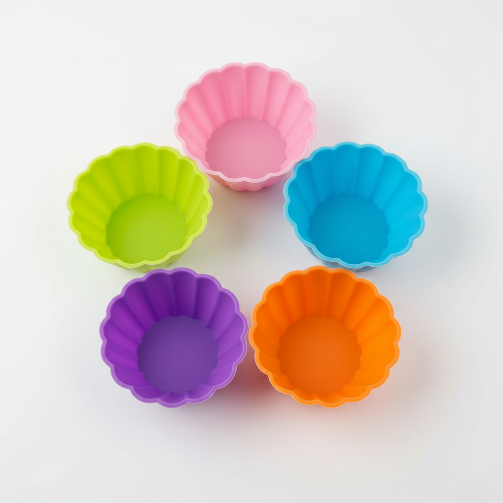Multicolored Round Flower Silicone Cupcake Moulds - Flat Lay